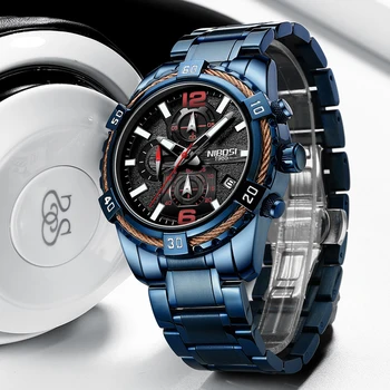Бренд NIBOSI, роскошные кварцевые часы с хронографом, мужские Водонепроницаемые, со светящейся датой, Спортивные Мужские часы Relogio Masculino