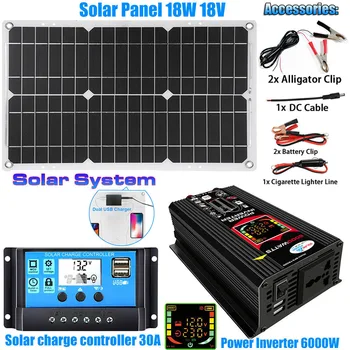 6000 Вт Инверторный комплект солнечной энергии Система генерации 18 Вт Солнечная панель 30A Солнечный контроллер Двойное USB зарядное устройство Кемпинг на открытом воздухе
