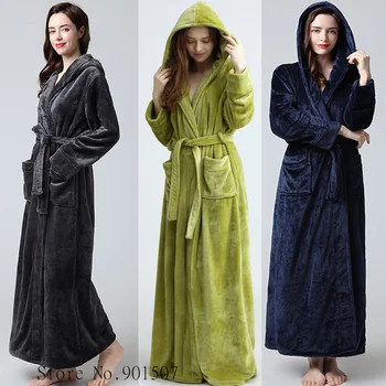 Удлиненный Зимний халат из кораллового флиса, женское теплое кимоно с капюшоном, банный халат, Уютное Кимоно, халаты для душа, Свободные пеньюары, ночная рубашка