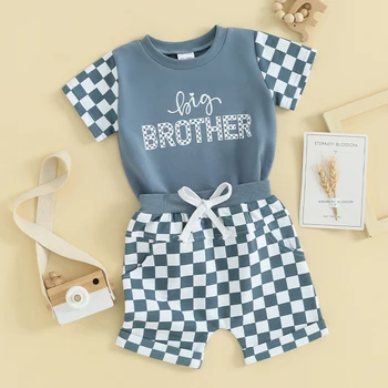 Милая Летняя одежда в шахматном порядке Для маленьких мальчиков, Комплект из 2 предметов, Футболка и Шорты для малышей, Комплект Одежды Big Bro Lil Bro