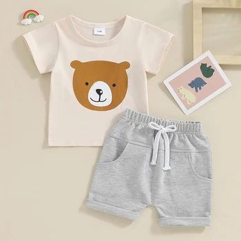Детская одежда из 2 предметов, рубашка с короткими рукавами и эластичные шорты с медвежьим принтом, милая летняя одежда для маленьких девочек и мальчиков