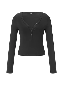Женская рубашка Henley из рубчатого трикотажа с длинным рукавом, приталенная базовая футболка на пол-пуговицы, осенний повседневный укороченный топ с круглым вырезом, уличная одежда