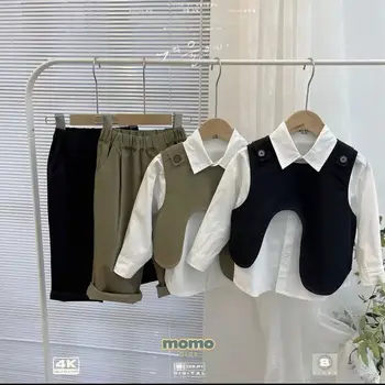 2023 Новый комплект одежды из 3 предметов, весенний комплект одежды для мальчиков, повседневный жилет + топ + брюки Для маленьких мальчиков, корейская дизайнерская одежда от 2 до 8 лет