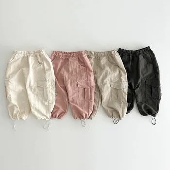 Детские брюки, комбинезоны в корейском стиле, весна и осень 2023, однотонные повседневные штаны с большими карманами для мальчиков и девочек, простые детские повседневные брюки