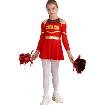 2023 Детские Танцевальные костюмы для чирлидинга для девочек, платье-трико с буквенным принтом, с длинным рукавом и 1 парой ручных цветов с кисточками