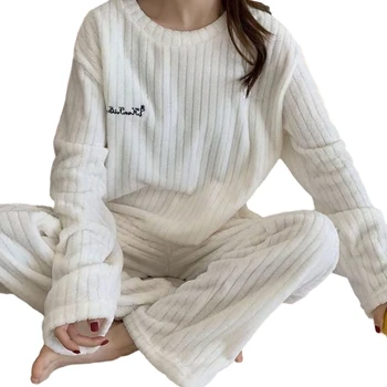 Y166 Мягкие и теплые женские комплекты осенней пижамы из 2 предметов, топы и брюки с длинными рукавами