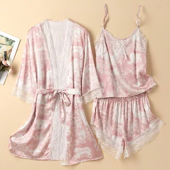 Комплект из трех предметов: кимоно; Сексуальный кружевной халат; пижама из шелка льда; Шорты на подтяжках; Женский летний тонкий халат; Роскошная домашняя одежда; пижамы