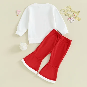 Рождественские наряды для маленьких девочек, футболки с круглым вырезом и принтом Санта-Клауса в виде снежинок, Расклешенные брюки, зимний комплект
