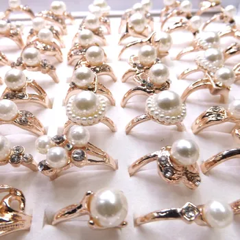 Модные кольца с имитацией жемчуга цвета розового золота разных моделей 50 шт./лот
