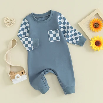 Одежда для новорожденных мальчиков и девочек, клетчатый комбинезон в клетку, комбинезон с длинным рукавом, боди, осенний наряд