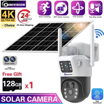 4K 8MP Двухобъективная PTZ камера на солнечной батарее с двумя экранами PIR Отслеживание человека Наружное двустороннее аудио WIFI Камера видеонаблюдения