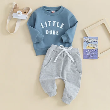 Одежда для маленьких мальчиков из 2 предметов, толстовка с длинными рукавами и эластичными штанами с вышивкой буквами для малышей, осенняя одежда