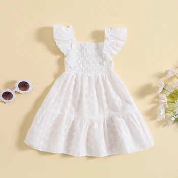 Однотонное платье для маленьких девочек, летнее платье с квадратным воротником и рукавами-флай для девочек, от 2 до 6 лет