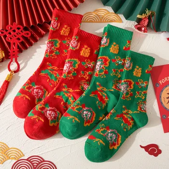 Красные носки в китайском стиле, женские хлопчатобумажные носки в цветочек, женские новогодние забавные носки для девочек, домашние кальцетины, средства массовой информации
