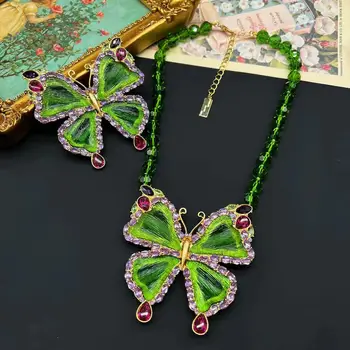 Легкая роскошная модная винтажная брошь-ожерелье в форме бабочки зеленого цвета, ювелирные изделия для женщин