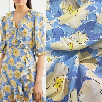 ширина 145 см Модная синяя полиэфирная ткань с цветочным принтом Для женщин Летнее платье Блузка Брюки Ткань для шитья своими руками Материал