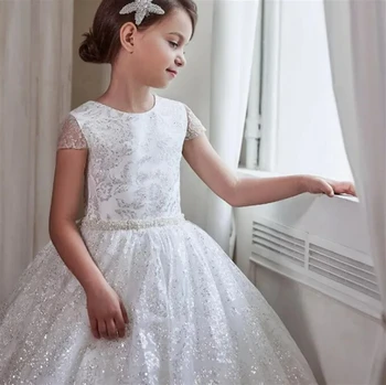 Платье для девочки в цветочек, Белое пышное свадебное платье из тюля, расшитое бисером, простое платье для первого Евхаристического дня рождения ребенка в цветочек