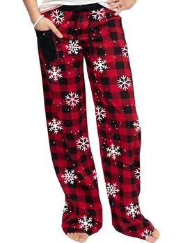 Женские Рождественские пижамные брюки в клетку со снежинками на завязках, брюки для отдыха, пижамные штаны для сна с карманами, пижамы