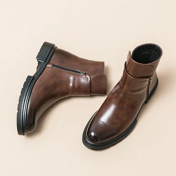 Классические коричневые мужские туфли с высоким берцем в британском стиле, зимние кожаные полусапожки, универсальные мужские повседневные ботинки на толстой подошве