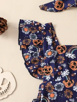 Комбинезон с рисунком тыквы на Хэллоуин для маленьких девочек, повязкой на голову и рукавами с оборками в виде радужных цветов.