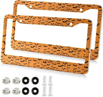 Оранжевая рамка для номерного знака с летучими мышами на Хэллоуин, декоративная алюминиевая автомобильная бирка, 2 упаковки чехлов для автомобильных номерных знаков с 2 отверстиями и винтами