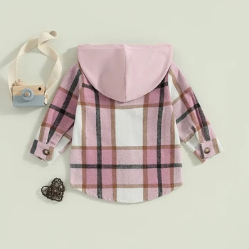 Клетчатая куртка для маленьких девочек, пальто с капюшоном с длинным рукавом, верхняя одежда на пуговицах, осенняя одежда с карманами