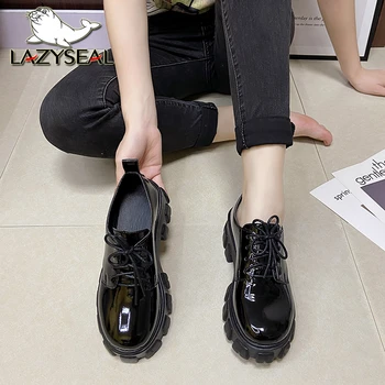 Lazyseal Женские туфли на платформе и высоком каблуке 5 см, размер 43, женская обувь с круглым носком, женские мотоциклетные ботинки из лакированной кожи Newrock