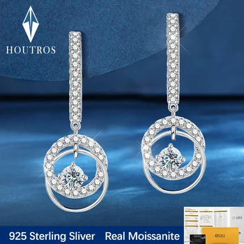 Houtros Серьги с муассанитом двойного круга для женщин, серебро 925 пробы, висячие серьги с бриллиантами, свадебные украшения для вечеринок
