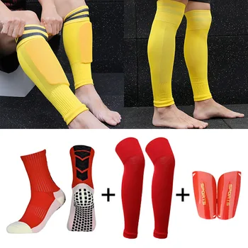 Комплект футбольной экипировки, Противоскользящие футбольные носки для взрослых и детей, чехол для ног, рукав до икр выше колена, спортивная защитная экипировка Shinguard