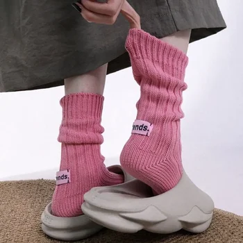 Корейская игла Толстые Вязаные носки средней длины с японской простой розовой этикеткой Мужские Женские пары Спортивные носки с набивкой Чулок