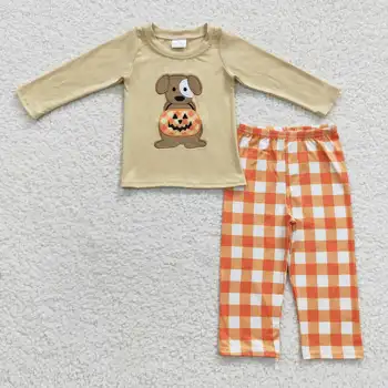 Бутик-комплект брюк с длинными рукавами для мальчиков и девочек в клетку с вышитыми щенками бежевого цвета на Хэллоуин