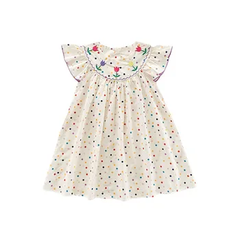 Корейское детское платье для девочек с вышивкой тюльпанами в горошек 2023, летняя юбка сладкой принцессы с расклешенными рукавами