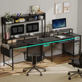 Компьютерный стол 90,5 “ L-образной формы, с Подставкой для монитора и Отсеком для клавиатуры, Стол для Домашнего Офиса со светодиодной Подсветкой и Розетками питания