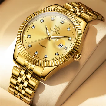Деловые мужские часы OLEVS из нержавеющей стали, золотые кварцевые мужские наручные часы, светящиеся водонепроницаемые часы Relogio Masculino