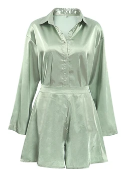 Женский атласный пижамный комплект из 2 предметов, костюмы для отдыха, однотонные топы с отложным воротником и длинными рукавами и шорты, пижамные наряды