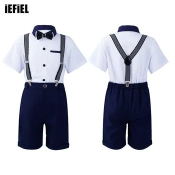 Комплекты джентльменской одежды для детей и мальчиков, однотонная рубашка на пуговицах с коротким рукавом и галстуком-бабочкой, шорты с эластичным поясом, съемный костюм