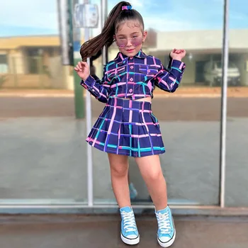 Детские комплекты Cool Girls Летняя Новинка Европа Америка Детская одежда 2023 Решетчатые складки Короткий отложной воротник