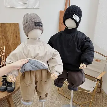 2023, Корейские зимние утепленные Детские толстовки, Однотонный хлопковый утепленный теплый свитер для мальчиков и девочек от 1 до 5 лет
