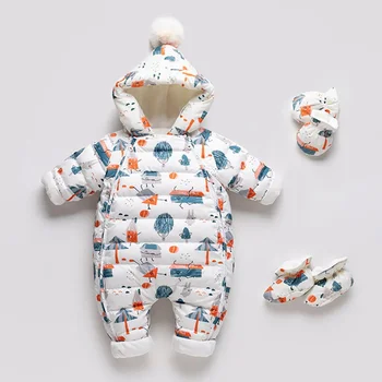 Новая зимняя детская пуховая куртка, комбинезон для новорожденных мальчиков, утепленная уличная одежда для объятий, детский комбинезон с плюшевым принтом для девочек, ползунки с капюшоном