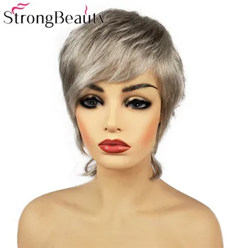 StrongBeauty Короткий Прямой парик С проседью Синтетические Парики из натуральных женских волос