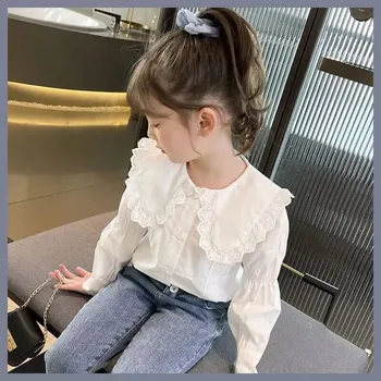 Белая рубашка с длинными рукавами и кукольной шеей для новой девочки, весенне-осенняя детская нижняя рубашка, модная детская хлопчатобумажная рубашка от 2 до 12 лет