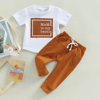 Комплект брюк для новорожденных мальчиков, летняя одежда 2023, футболка с короткими рукавами и буквами, спортивные штаны с эластичным поясом от 3 месяцев до 3 лет
