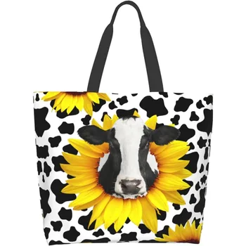 Сумка-тоут Cow Daisy Многоразовая холщовая женская сумка для покупок, для путешествий на открытом воздухе, большая вместительная сумка для покупок, женская сумка для мелочей, подарок