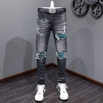 Модные мужские джинсы в стиле ретро, черные, серые, стрейчевые, обтягивающие, рваные джинсы, мужские дизайнерские брюки в стиле хип-хоп с зелеными заплатками, брендовые брюки