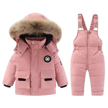 -30 ℃ Детский зимний комплект Корейской версии, пуховик с капюшоном для мальчиков и девочек, комплект из двух предметов, теплая куртка, пальто, комплект брюк с плечевым ремнем