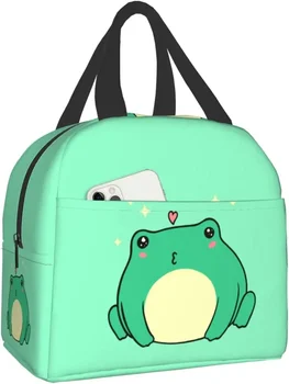Сумка для ланча Kawaii Green Frog, изолированный ланч-бокс, многоразовая водонепроницаемая сумка для ланча с передним карманом для путешествий, офиса, пикника