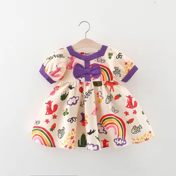 Летнее платье с короткими рукавами для девочек, юбка принцессы с мультяшным принтом и бантиком для маленьких девочек