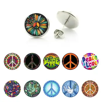 Серьги-гвоздики TAFREE Peace & Love Стеклянные серьги-кабошоны с фото в ретро-стиле, круглые ювелирные изделия, подарки для человека, любящего мир, QYH01