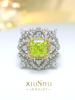 Модное кольцо из серебра 925 пробы в стиле ретро с оливково-зелеными цветами, Квадратная принцесса с инкрустацией из высокоуглеродистого бриллианта женского пола