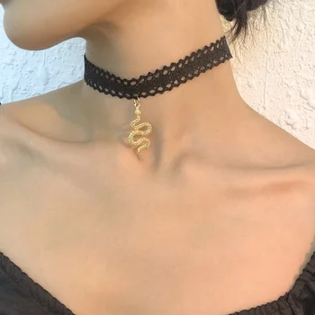 Модное Черное Сексуальное Кружевное Ожерелье со змеиной подвеской Золотого цвета Для женщин, Женское Винтажное Милое Колье для девочек в стиле Харадзюку, Ювелирный подарок